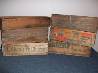 6 Vintage Cheese Wooden Boxes - Cooper,  Bordens,  Lakeshire,  Anona,  Valio& Kraft photo