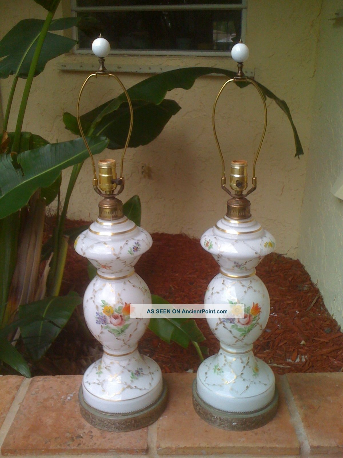 Antique French Bristol Glass Pair Table Lamps Handpainted Old Paris Flowers Other photo