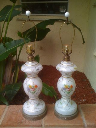 Antique French Bristol Glass Pair Table Lamps Handpainted Old Paris Flowers photo