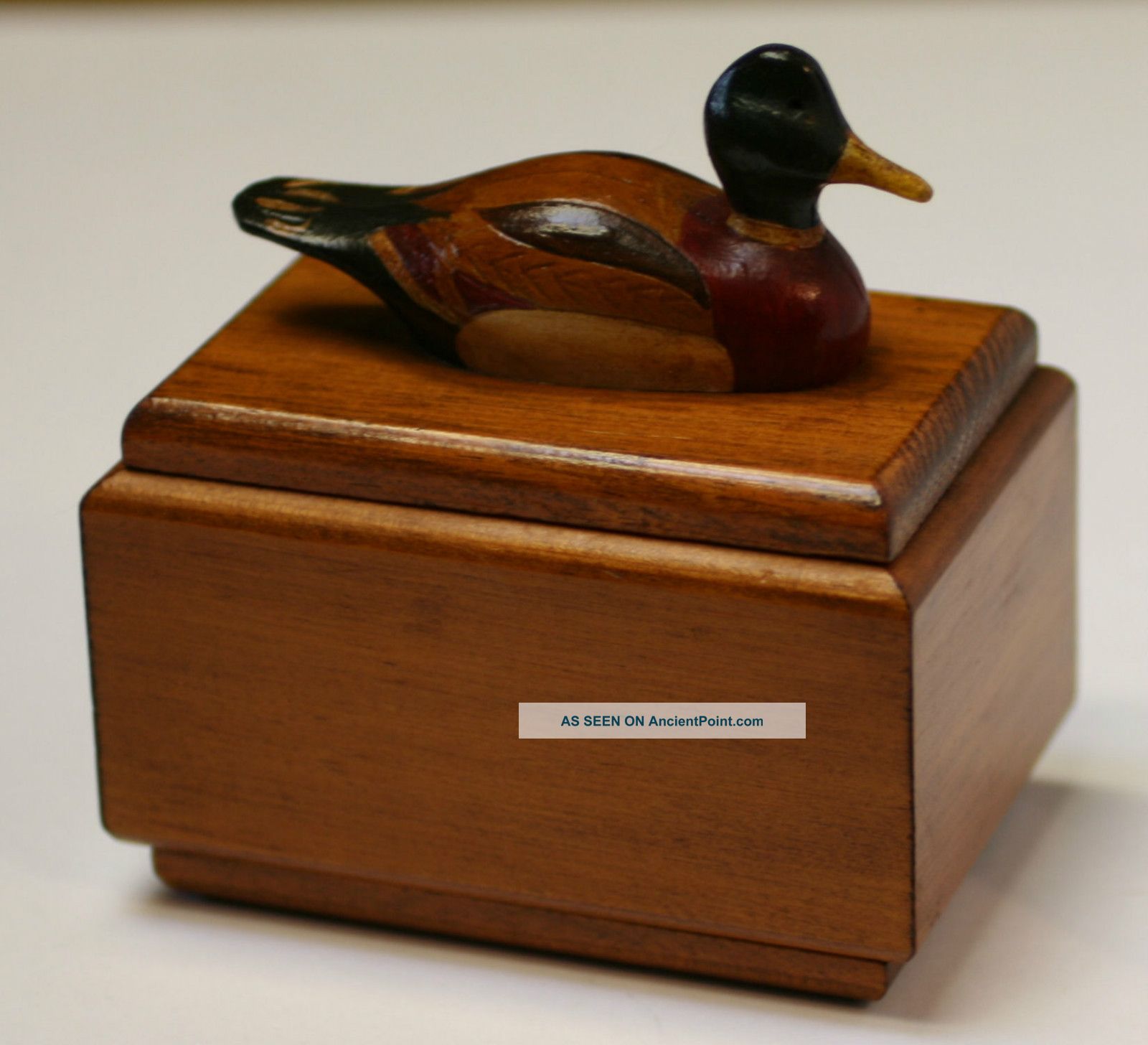Mallard Duck Figural Lid Artist Signed Hand Carved Wooden Trinket Box Boxes photo
