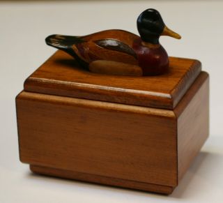 Mallard Duck Figural Lid Artist Signed Hand Carved Wooden Trinket Box photo