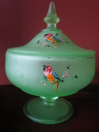 Green Glass Covered Candy Bowl Or Sugar Bowl With Handpainted Parrots photo