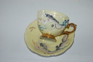 2 Antique Shafford Tea Cup Applied Dragon Hand Painted Japan Yellow & Green photo