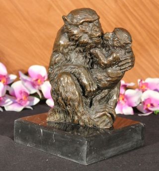 Signed Baboon Mother W/ Child Bronze Sculpture Statue Figurine Figure photo