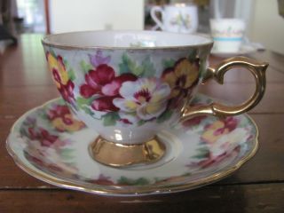 Royal Sealy China Colorful Pansie Cup & Saucer W/gold Guc photo