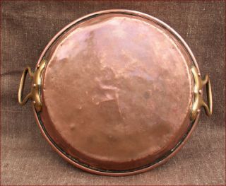 Large French Frying Pan Tinned Copper Bronze Handles 1850 photo