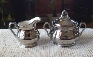 Vintage Waldershof Germany Silver Gilt W/rose Porcelain Creamer & Sugar Bowl photo