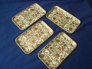 Vintage Paper Mache Japan Tole Snack Trays Set Of (4) Gold Floral / Birds photo