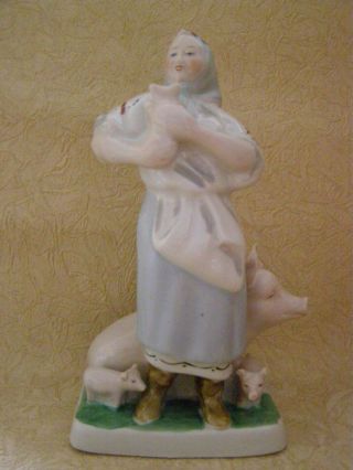 Russian Porcelain Figure Soviet Working.  Woman With A Pig.  Figures Statue Ussr photo