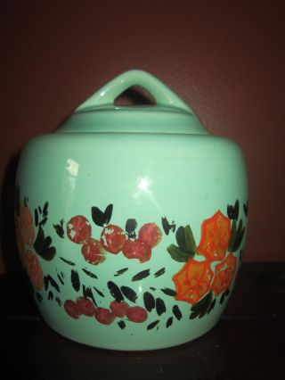 Turquoise Sugar Bowl Or Small Lidded Pot With Orange Handpainted Flowers photo