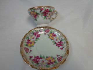 Old Vintage Cup & Saucer Pansy & White Trimmed In Gold Japan Label photo