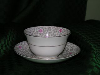 Tea Cup & Saucer Rosina Bone China Grey Pink photo