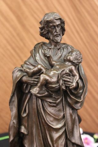 Real Bronze Metal Statue On Marble Holy Joseph God Baby Jesus Sculpture Biblical photo