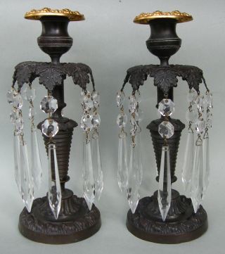 Pair French Regency Bronze Candlesticks Lustres 19th Ct photo