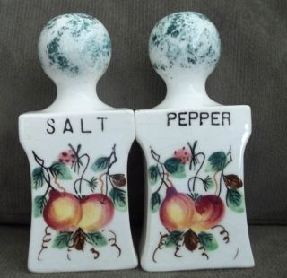 White Porcelain Salt & Peppers With Green Knob On Top.  Made In Japan photo