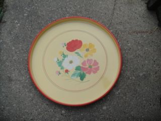 Large Kitsch Vintage Ransburg Red Metal Tray Lovely Hand Painted Flowers Label photo
