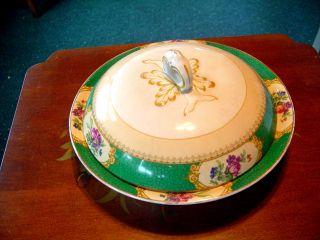 Victorian Maple & Co London Green Gilded W/ Florals Ironstone Covered Bowl photo