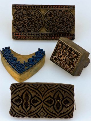Antique 4 Primitive Print Blocks Wooden Carved India Fabric Wallpaper photo