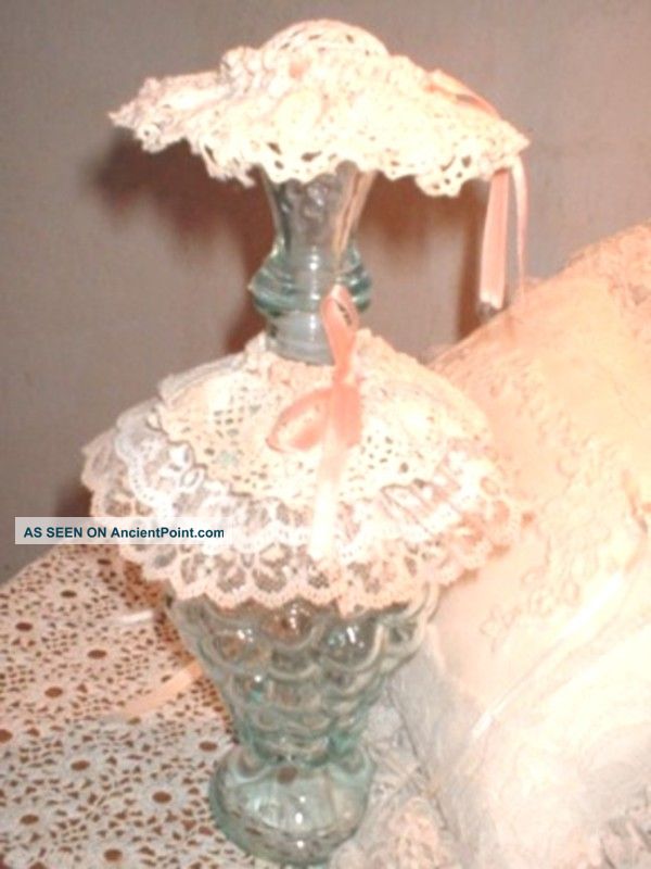 Green Glass Decanter: Grape Cluster W/ Lace Doiley Trim Other photo