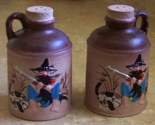 Vintage Ceramic Hunter & Dog Salt Pepper Shakers Jugs Crocks Hand Painted Relief photo