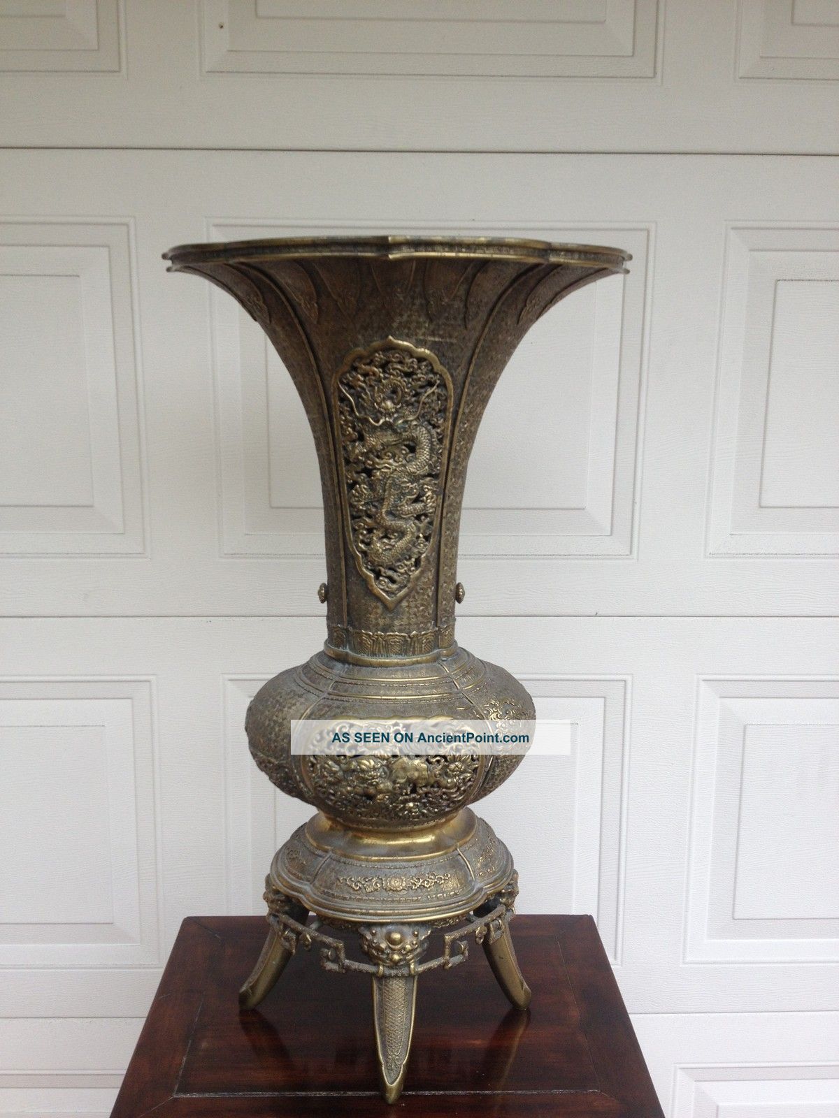 19thc Chinese Bronze Large Footed Vase Dragons Lions Foo Dogs Detail Metalware photo