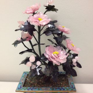 Chinese Cloisonne Rose Quartz Flowers Tree (hand Carved) photo
