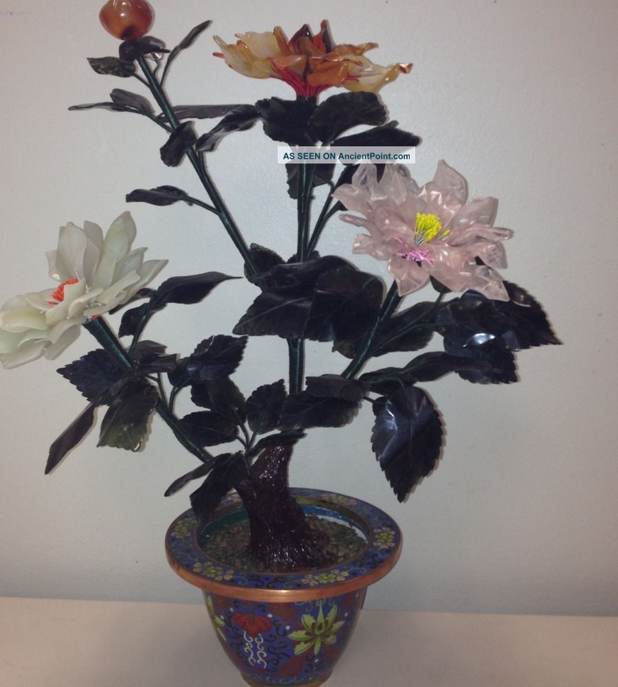 Chinese Cloisonne Agate,  Jade & Rose Quartz Flowers Tree (hand Made) - 16 