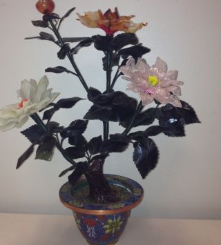 Chinese Cloisonne Agate,  Jade & Rose Quartz Flowers Tree (hand Made) - 16 