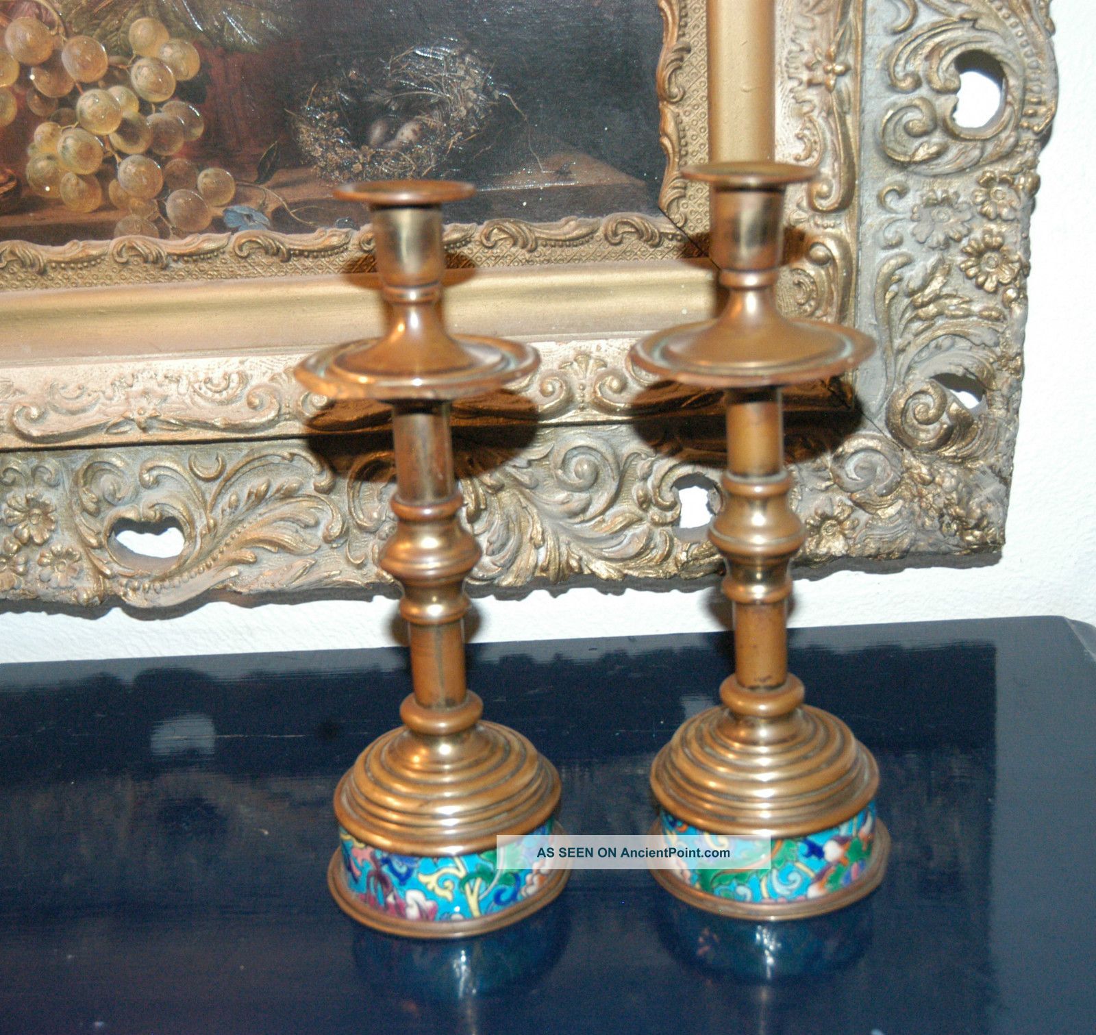 Antique Late 19th Century Longwy French Faience Enameled Candlesticks Metalware photo