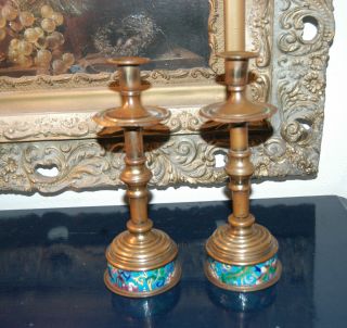 Antique Late 19th Century Longwy French Faience Enameled Candlesticks photo