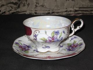 Lefton China,  Cup And Saucer Decorated With Viiolets Red And Gold Accentschina photo