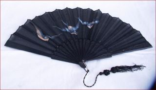 Antique Swallows Hand Painted Silk Hand Fan France 1900 photo