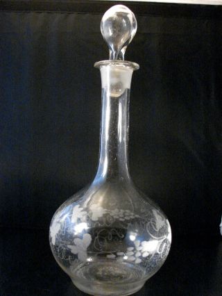 19th C Blown Shaft And Globe Decanter Etched With Grapes And Vines photo