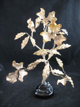Antique Spun Wire Tree Black Glass Base,  Gold Leaves,  Beaded Flowers photo