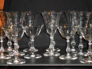 Antique Optic Drapery Pattern Crystal Stemware Set Of 14 Wine Champagne Glasses photo