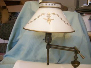 Antique Vtg Handpainted Tole Toleware Brass Table Desk Lamp Creamy White & Gold photo