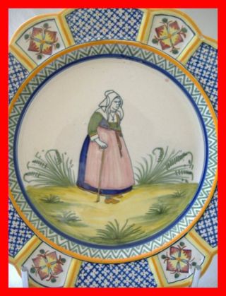 Exquisite Antique Henriot Quimper Colorful Plate Woman - Makes Part Of A Pair photo