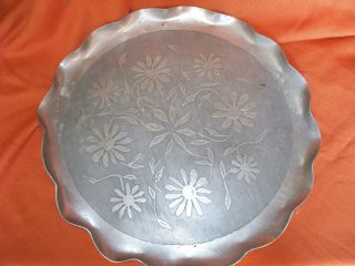 Large Hammered Aluminum Tray Or Platter With Floral Border Antique Tray Decor photo