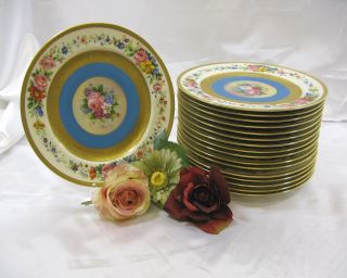 Set Of 17 Ahrenfeldt Limoges Hand Painted Floral & Gilt Dinner Plates photo