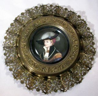 Antique H/p Portrait Plate Of A Women In An Ornate Brass Frame photo