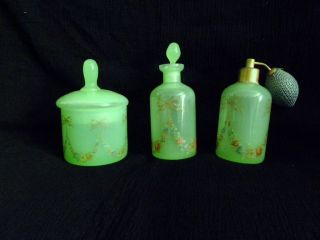 Rare Antique French Green Opaline Glass Vanity Set photo