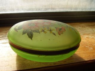Antique Green Satin Glass Hinged Painted Dresser Jar photo
