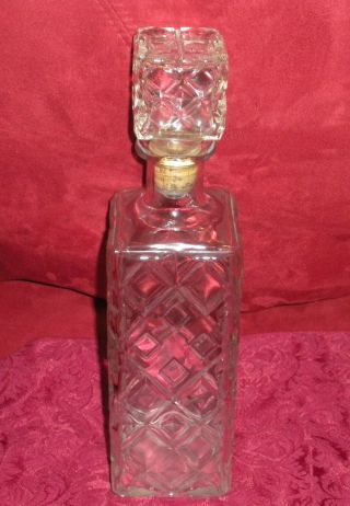 Vintage Clear Glass Decanter Diamond Pattern Square Lid photo