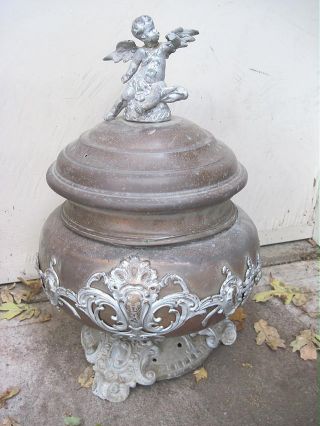 Unusual Ornate Antique Copper Large Urn W/ Cherub Putti photo