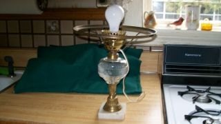 Antique Glass,  Brass & Marble Oil Lamp,  Electrified,  Very Good Condition photo