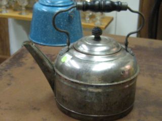 Antique Nickel Over Copper Teapot With Wooden Bale Handle & Handled Lid Marked photo