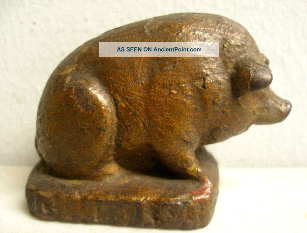 Antique Cast Iron Figurine Seated Pig Paperweight Advertising Base Bronze Plate Metalware photo