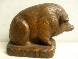 Antique Cast Iron Figurine Seated Pig Paperweight Advertising Base Bronze Plate photo