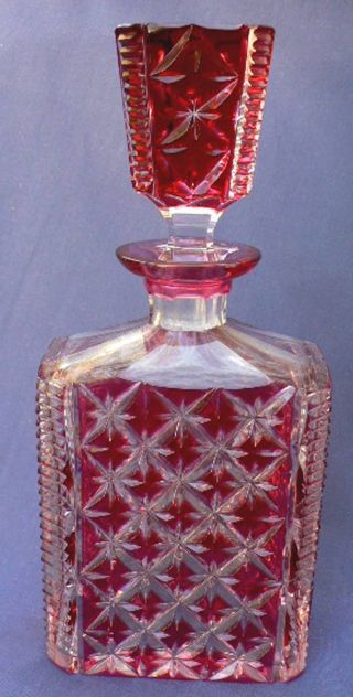 Heavy Cranberry Ruby Red Cut To Clear Stars & Stripes Motif Decanter Bottle photo