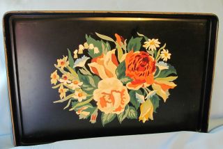 Old Toleware Tray Hand Painted Roses & Tulips Black Oblong photo